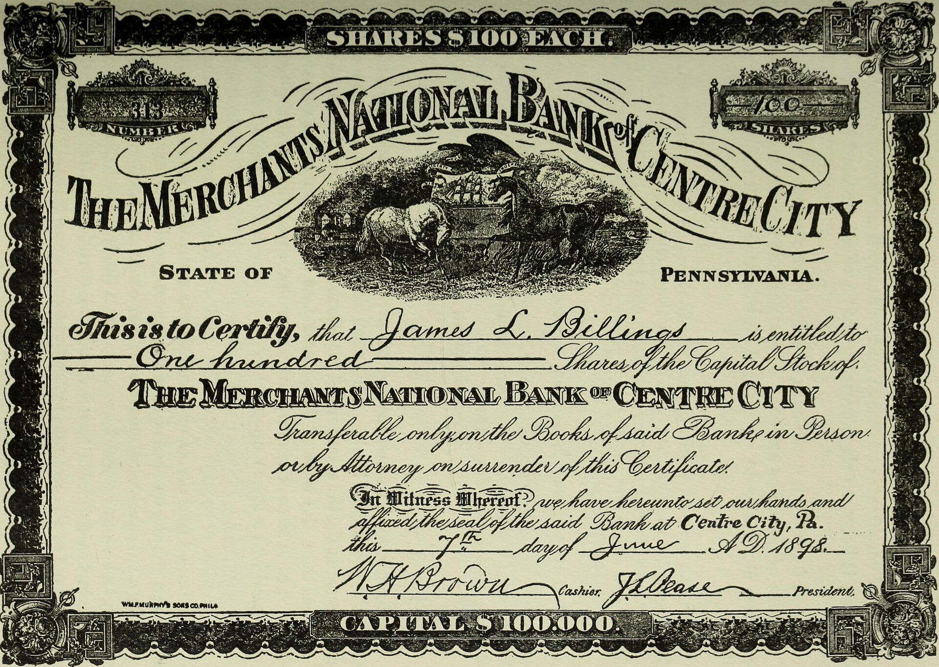 An engraved 1898 bank share certificate, beginning This is to Certify that, with blanks filled in by hand